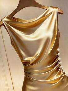 Vestido ajustado sin mangas con cuello drapeado de satén color dorado champán - Mostaza Amarilla - Ver 3