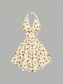Vestido de fiesta elegante de mujer con estampado de cerezas, escote halter, espalda descubierta y cintura fruncida - Amarillo claro - Ver 5