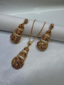 2pcs Necklace Set, Middle Eastern Rainbow Luxurious Jewelry, Zigzag Colorful Pendant Necklace, Asymmetrical Zirconia Micro-Copper Gold-Plated 5pcs Jewelry Set Necklace Earrings, Suitable For Daily Wear, Gifts For Girlfriend, Parties, Formal Dresses, Weddings - four piece set - View 5