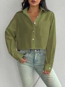 Camisa casual de manga larga con bolsillo, de ajuste suelto y hombros caídos, de unicolor, para primavera/verano, Top de manga larga - Verde militar - Ver 3
