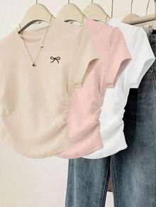 Set de 3 camisetas de mujer de manga corta, cuello redondo, unicolor, con detalle de volantes y estampado de mariposa, de estilo casual y slim para el verano - Multicolor 10 - Ver 5