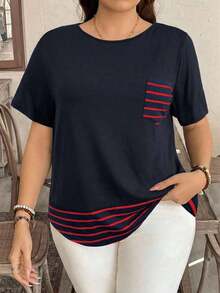 Camiseta casual de talla grande con bolsillo y rayas de contraste, prenda de vestir occidental estilo boho bohemio, top de festival de los 90, verano y primavera - Azul - Ver 7