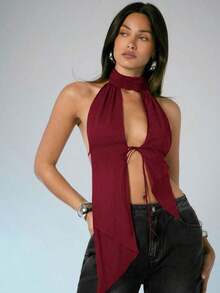 Top halter de malla con cuello alto, espalda abierta y recortes sexy, top sin espalda, atuendos de vacaciones para mujer, atuendos de verano para mujer, de moda, atuendos para ir de fiesta, tops sexy - Burdeos - Ver 6