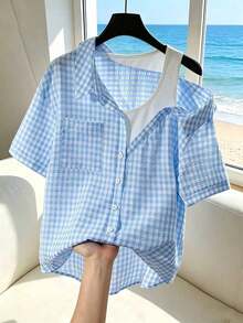 Camisa de mujer casual de manga corta raglán a rayas texturizada azul y blanca, de verano - Azul - Ver 7