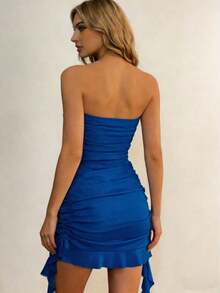 Elegante vestido ajustado de color vino tinto con cuello halter, con diseño asimétrico y fluido, perfecto para fiestas, vacaciones en la playa, festivales de música, salidas y citas, vestido ajustado de verano para mujer, vestido de fiesta para mujer - azul real - Ver 2