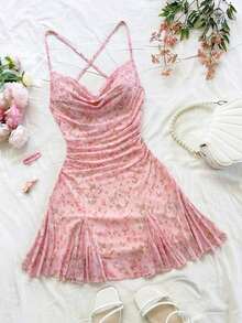 Vestido mini de mujer para vacaciones con tirantes finos, escote pronunciado, espalda descubierta, lazo, bajo estilo sirena, estilo romántico, vestido mini para pausas de té, caminatas al aire libre, citas, atuendo de playa, malla, joven y feme - Rosa - Ver 1