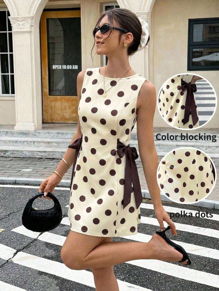 Vestido coreano de mujer con estampado de lunares, lazo y tirantes versátil y de moda - Multicolor - Ver 1