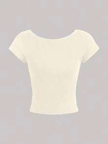 Camiseta casual de mujer de cuello de pico, manga corta y ajustada, versátil - Albaricoque - Ver 2