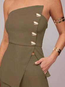 Set de 2 piezas: Top con diseño de aro asimétrico con decoración metálica + Pantalones de pierna recta, Uso elegante diario, Atuendo de oficina, Boda, Vacaciones, Cita, Fiesta, Ceremonia de graduación - Camel - Ver 3