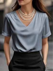 1 pieza Blusa de mujer de unicolor de satén con cuello en V y manga corta, elegante y de moda para uso diario, oficina, hogar, citas, primavera/verano, color negro casual - Gris - Ver 6