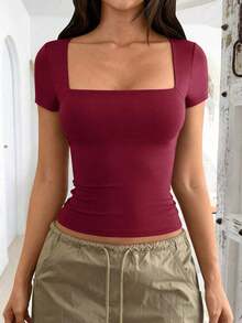 Camiseta de manga corta con cuello cuadrado de punto de unicolor, ajustada y sexy, estilo Y2K, para mujer Vaiaye, adecuada para actividades de primavera/verano y el Día de San Valentín - Burdeos - Ver 9