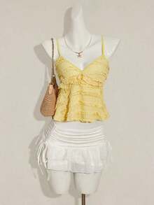 Blusa de tirantes de mujer con volantes de tela texturizada de unicolor para el verano y vacaciones - Amarillo claro - Ver 3