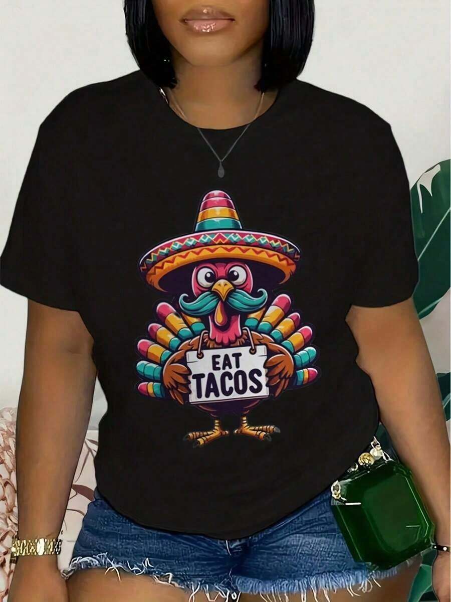 Camiseta de manga corta con diseño peculiar de pavo de Acción de Gracias, cómoda camiseta de otoño para Acción de Gracias, regalo divertido para amantes de la comida mexicana, adorable camiseta para amantes de los tacos, camiseta de verano. - Negro - Ver 1