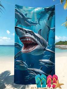 1件夏季快乾便攜式超細纖維海灘毛巾，不掉毛柔軟海洋鯊魚圖案印花浴巾，適用於夏季游泳、度假、洗澡、戶外旅行、海灘、露營、健身 | 70*140cm/90*180cm/45*66cm 可選 | - 薄荷藍 - 查看 3