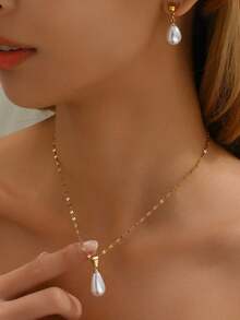 Set de 3 piezas de collar, gargantilla y aretes con perlas falsas, de estilo minimalista y versátil para uso diario, de moda para mujeres - B - Ver 2