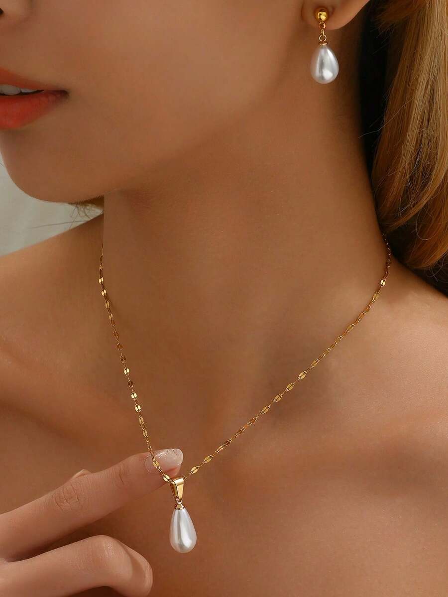 Set de 3 piezas de collar, gargantilla y aretes con perlas falsas, de estilo minimalista y versátil para uso diario, de moda para mujeres