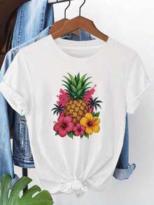 Plus Size Women's T-Shirt With Pineapple Flower Graphic Print, Short Sleeve, Round Neck, Casual Top For Summer And Spring, Plus Size Women's Clothing: Women's Short Sleeve T-Shirt, Loose Fit, Slimming Effect And Versatile, Ideal For Casual And Sports Occasions, Breathable And Comfortable. - 白色 - 查看 11
