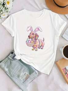 Camiseta de manga corta con cuello redondo, diseño de "Easter MAMA BUNNY" con letras coloridas, orejas de conejo y diseño de huellas de pata, elegante y con estilo, ideal para fiestas, elástica, linda y perfecta como regalo, suave, lavable a máquina, casual para el hogar, transpirable y cómoda. - Blanco - Ver 10