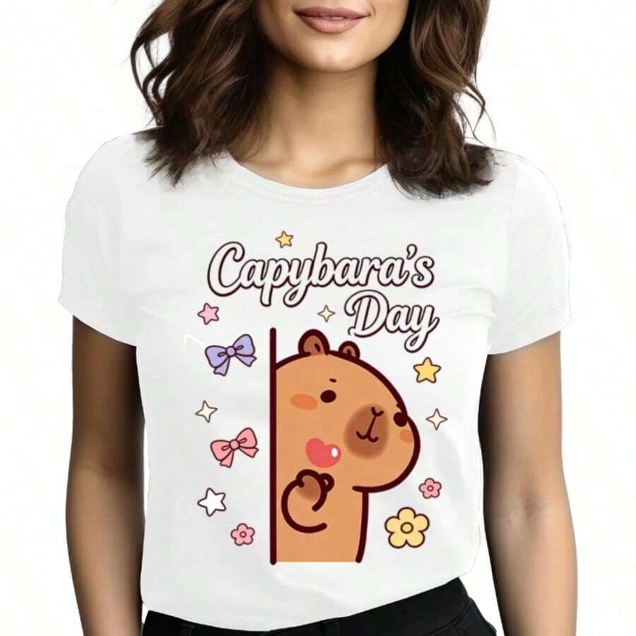 Tops para mujer de manga corta con cuello redondo de mezcla de algodón para mujer, diseño Capybara's Day, linda y casual. - Blanco - Ver 1