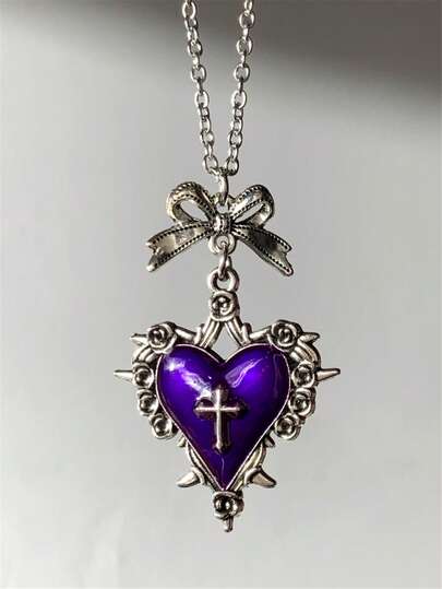Gothic Y2K Subculture Purple Heart Rose Flower Cross Heart Bow Pendant Necklace, Unique Design Choker