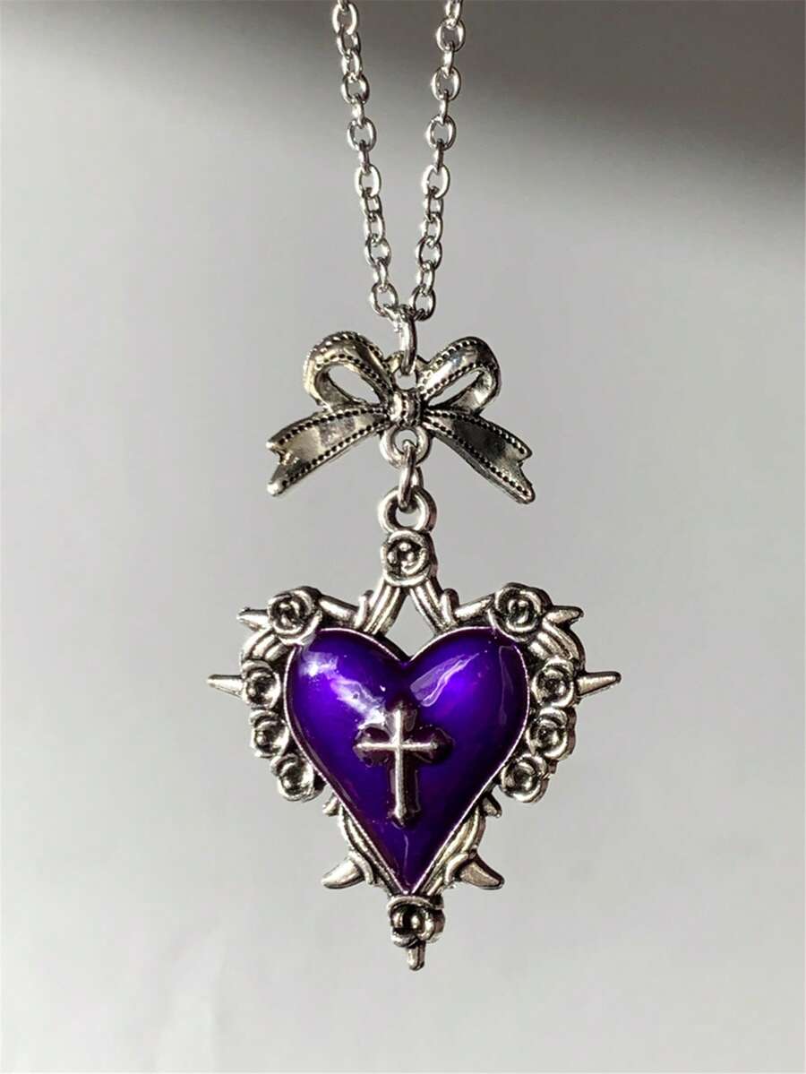 Dây chuyền mặt dây chuyền hình trái tim, hoa hồng, thánh giá, nơ, phong cách Gothic Y2K, thiết kế độc đáo.