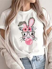 Rabbit Print T-Shirt, Casual Short Sleeve Crew Neck Easter T-Shirt, Women's Clothing - Unisex Urban Vintage Style, Loose Fit 100% Pure Cotton T-Shirt - 黑色 - 查看 1