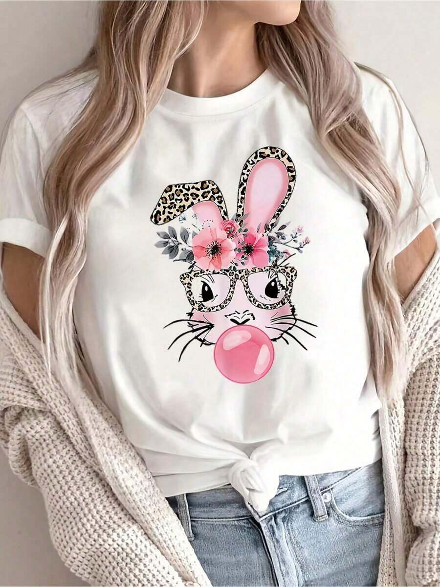 Rabbit Print T-Shirt, Casual Short Sleeve Crew Neck Easter T-Shirt, Women's Clothing - Unisex Urban Vintage Style, Loose Fit 100% Pure Cotton T-Shirt - 黑色 - 查看 1