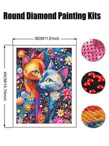 成人彩色猫咪钻石画套装 - 全钻花卉情侣猫咪钻石画，成人动物马赛克套装，成人手工艺术，钻石画墙饰 - 圓鑽 - 查看 3