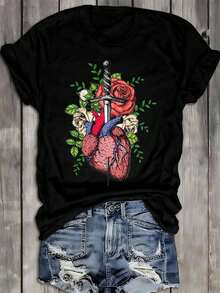 Camiseta de Mujer con Estampado de Corazón y Espada, Color Negro, Elegante, para Primavera/Verano, Ropa Casual para Exteriores, Estilo Hip-Hop Urbano, Lavable a Máquina para Uso Diario, Diseño Moderno, 100% Algodón.ropa de calor mujer - Negro - Ver 7