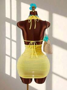 Conjunto de 2 piezas de top corto halter sin espalda con lentejuelas y falda mini drapeada de malla, estilo casual de playa para vacaciones - Amarillo - Ver 7
