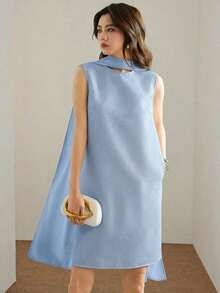 Vestido elegante de oficina con cuello drapeado para mujer - Azul - Ver 1
