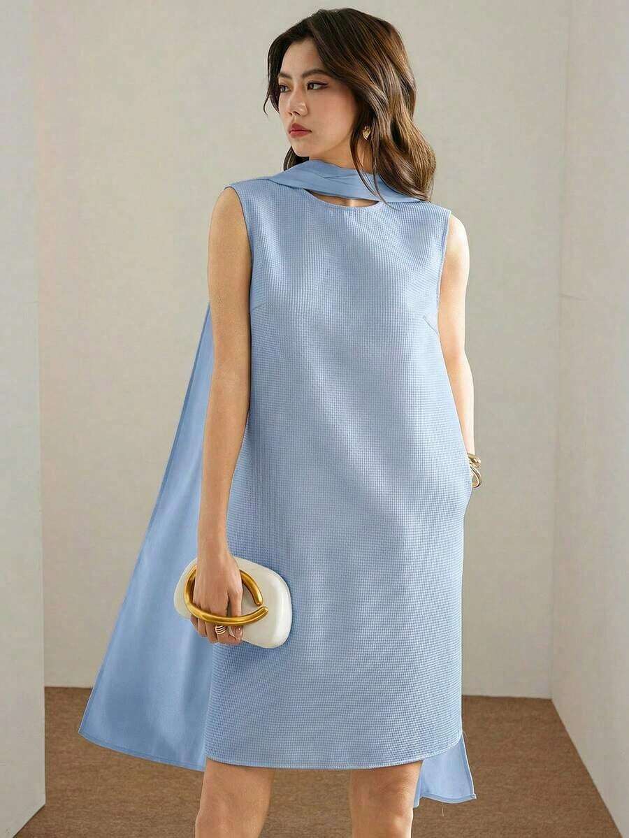 Vestido elegante de oficina con cuello drapeado para mujer - Azul - Ver 1