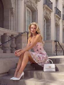 Charm Vestido con tirantes de mujer con bordado, vestido romántico para vacaciones y fiesta de boda, vestido rosa - Rosa - Ver 6