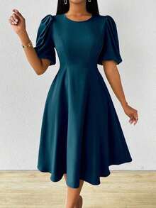 Vestido verde de manga abullonada larga, cuello en V, cintura recogida y bajo acampanado, para primavera y verano - lago azul - Ver 6