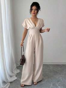 Mono elegante de pierna ancha de unicolor con cuello en V profundo y fruncido para mujer - Albaricoque - Ver 3