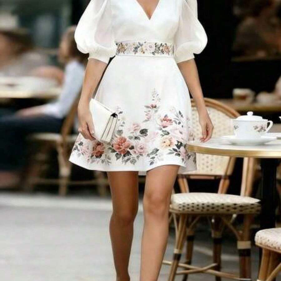 Women's Elegant V-Neck Patchwork Semi-Sheer Petal Sleeve Floral Print Cinched Waist Midi Dress, Summer - Blanco - Ver 1