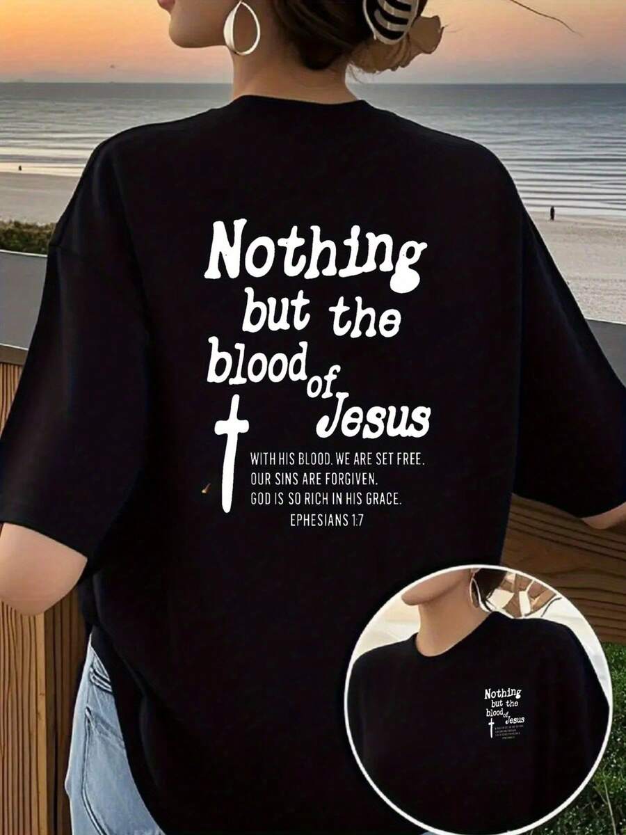 Camiseta estampada con diseños en la parte delantera y trasera, que muestra la imagen de la sangre de Jesús y el perdón, de cuello redondo, manga corta, estilo casual moderno y a la moda, top estampado de doble cara para mujer - Tela ligera y suave. - Negro - Ver 1
