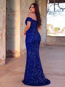 Faeriesty Đầm dạ hội cỡ lớn dành cho nữ, kiểu dáng đuôi cá, hở vai, đính sequin lấp lánh, thanh lịch, xẻ cao - Thích hợp cho các sự kiện thảm đỏ, đám cưới sang trọng, tiệc tùng lộng lẫy và các dịp trang trọng, trang phục dự tiệc mùa hè, mùa xuân. - Xanh đậm - Xem 8