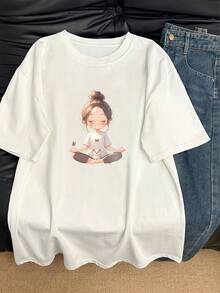Women's Summer Casual Graphic T-Shirt | Casual T-Shirt With Cat And Meditation Print, Crew Neck, Loose Fit, Breathable, Machine Washable, Korean-Japanese Style, Non-Stretch Fabric, Urban Style, Soft Material, Graphic Print T-Shirt - 白色 - 查看 7