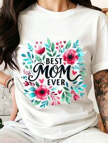 Camiseta Moderna Minimalista con Diseño Floral "La Mejor Mamá del Mundo" para Mujer, Regalo para el Día de la Madre, Camiseta Linda para Mamá, Top de Verano, Regalo para el Día de la Madre, Arte Vestible Casual para el Día a Día - Blanco - Ver 1