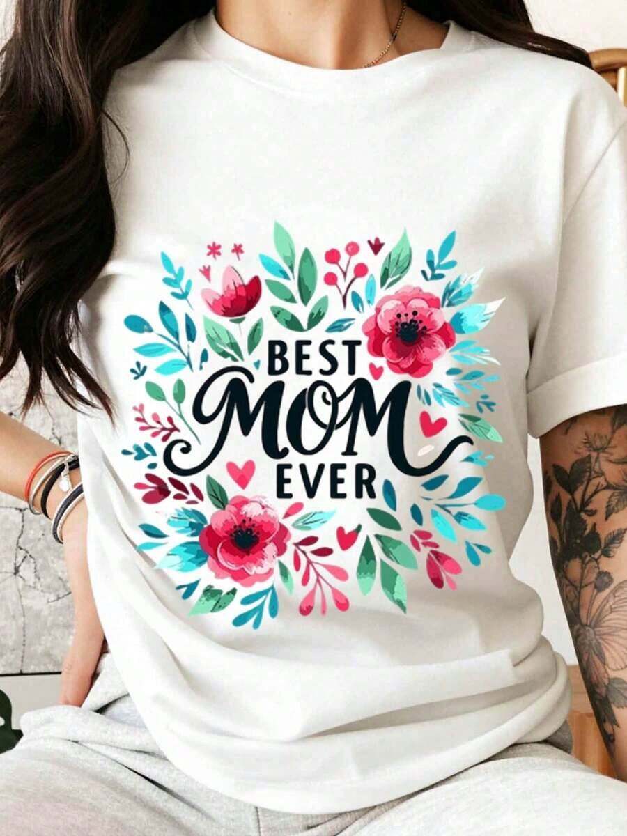 Camiseta Moderna Minimalista con Diseño Floral "La Mejor Mamá del Mundo" para Mujer, Regalo para el Día de la Madre, Camiseta Linda para Mamá, Top de Verano, Regalo para el Día de la Madre, Arte Vestible Casual para el Día a Día - Blanco - Ver 1