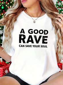 Camiseta moderna y minimalista para mujer, con estampado "Carnival Saves the Soul", camiseta blanca de manga corta estampada, estilo casual, diseño a la moda, versátil para el uso diario, estilo casual y moderno para el día a día. - Blanco - Ver 1
