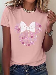 Camiseta casual de manga corta para mujer, ideal para vacaciones de verano, con un divertido estampado de flores y lazos, una camiseta elegante y casual para mujer, una camiseta de cuello redondo cómoda y con un estampado único, una camiseta adecuada para regalar, una camiseta deportiva cómoda y transpirable. - Negro - Ver 8