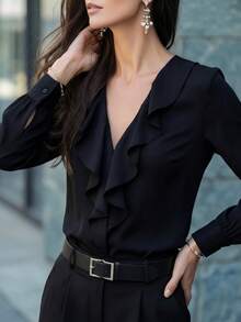 Women's Black V-Neck Ruffle Trim Long Sleeve Polyester Blouse, Regular Fit - Black - View 5