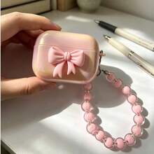 Ốp lưng hình nơ dễ thương màu hồng ánh kim với mặt dây chuyền ngọc trai giả màu hồng, tương thích với ốp sạc không dây của Apple, chống trầy xước và chống rơi vỡ. - Hồng - Xem 5