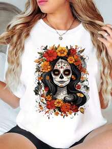 Women's Heat T-Shirts Basic Graphic Print T-Shirt For Women Short Sleeve Round Neck Catrina Skull Print Mexico Halloween Day Of The Dead Flower Floral Marigold Cute Gym Exercise Aesthetic Regular Casual Comfortable Cool Lightweight Soft Modern Youthful Romantic Bohemian Outing Home Daily Day Beach Heat Spring Summer Office Versatile Creative - 白色 - 查看 6
