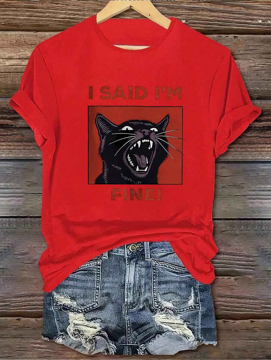 1PC Women's Short Sleeve Crew Neck T-Shirt, Polyester Woven, Casual Style, All Seasons Design, Creative And Modern Black Cat Print. Women's Warm Clothing - 紅色 - 查看 1