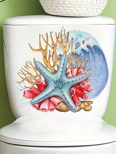 1张沙滩/贝壳/海星图案马桶座贴纸，马桶水箱盖贴纸，卧室/浴室墙面装饰，自粘可移除乙烯基贴纸