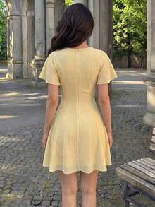 Vestido elegante y romántico de manga corta con encaje tejido amarillo, cintura y línea A para mujer, primavera/verano - Amarillo - Ver 2