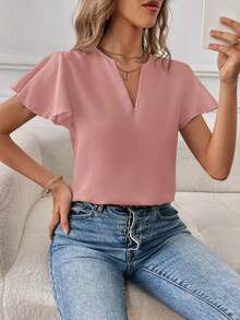 Camisa de mujer de unicolor con escote en V entallado y manga corta, informal y adecuada para el trabajo, blusas de manga corta - Rosa vieja - Ver 1